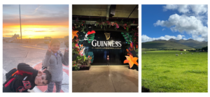 two kids at sunset, a wall that says guinness and a green grassy field